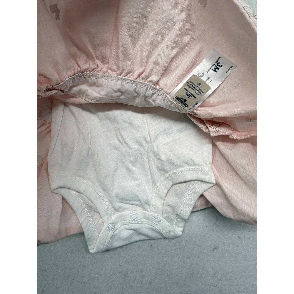 OshKosh Bgosh Baby Girl 3 M Pink Bunny Print Overall Dress Bodysuit Set